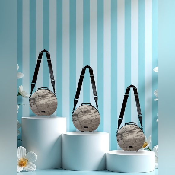 CALPAK Round Marble Hat Box Travel Case w/ Strap - Rare & Stylish - Picture 1 of 14